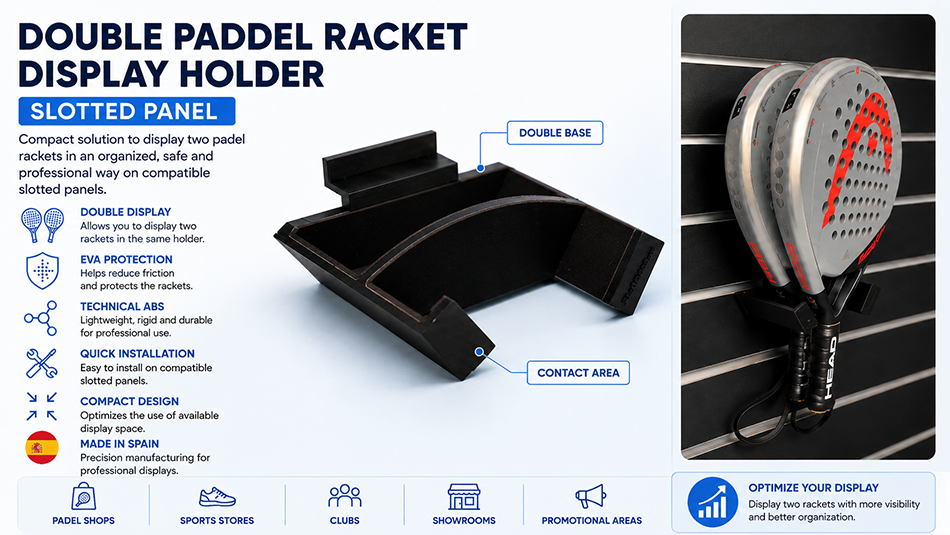 Double padel racket holder in ABS with EVA protection installed on a slotted panel
